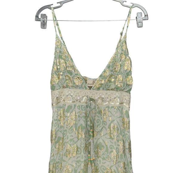 Siya Green Gold Floral Boho Maxi Dress High-Low Sundress Size M - Picture 2 of 14